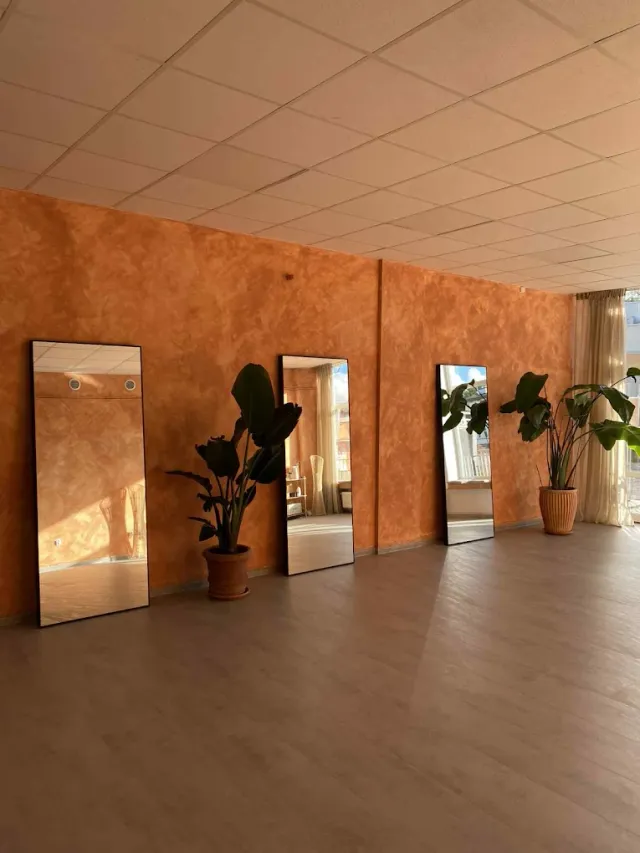 Sala do jogi w Tierra Yoga - lustra, rośliny i terrakotowe ściany
